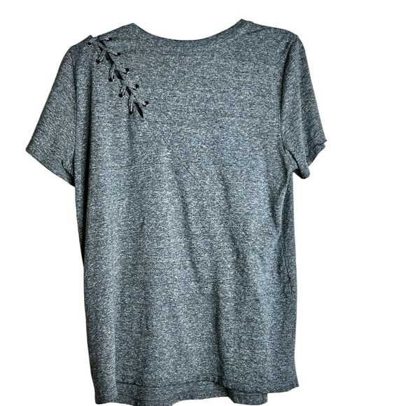 n:Philanthropy Grey Tee Shirt Sz L Short Sleeves Criss Cross Lacing At Shoulder - Picture 3 of 7
